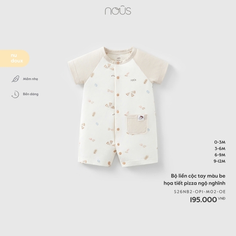 Bộ liền cộc tay màu be họa tiết pizza ngộ nghĩnh