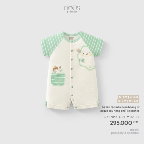 Bộ liền cộc màu be in hoàng tử và quả sầu riêng phối kẻ xanh lá