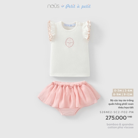 Bộ cộc tay áo trắng quần hồng phối voan thêu họa tiết