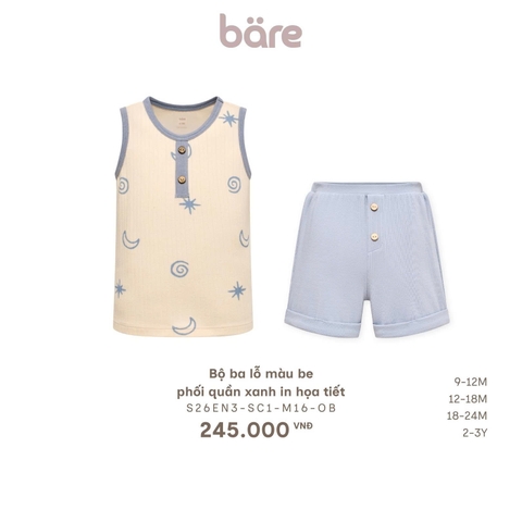 Bộ ba lỗ màu be phối quần xanh in họa tiết