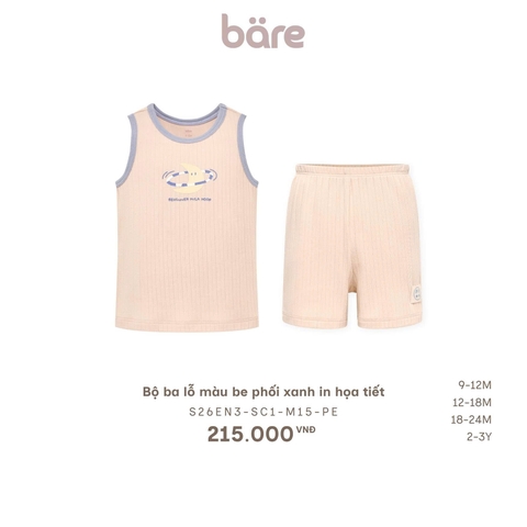 Bộ ba lỗ màu be phối xanh in họa tiết