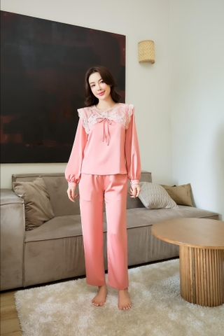 Bộ lụa  trơn  cổ ren  LYTRENDY-BN435