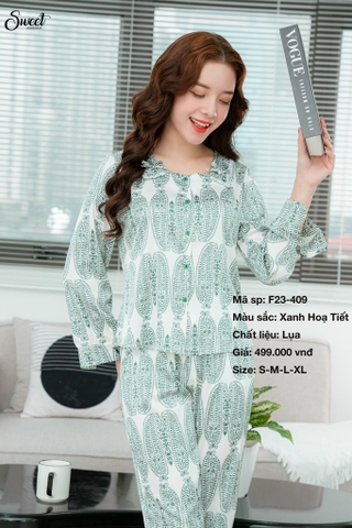 Bộ Sweet lụa xanh, QD áo tay dài F23-409