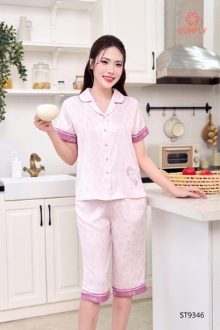 Bộ lua satin in áo tay cộc QN  ST 9346
