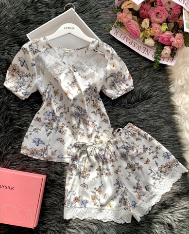 Bộ LYTRENDY lụa GẤM, cổ tim, quần Soóc -BN515