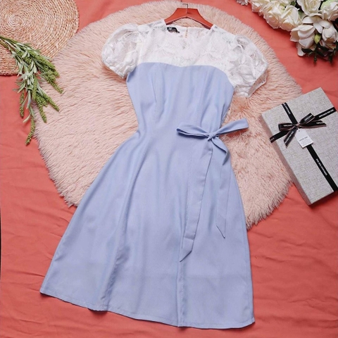 Đầm công sở đẹp thiết kế dáng chữ a xanh nhạt phối sang trọng thời trang eo tôn dáng che bụng