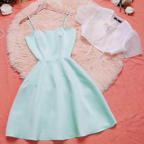 Đầm dự tiệc 2 dây xanh ngọc xòe thiết kế sang trọng tiểu thư eo tôn dáng chất phi mờ cao cấp