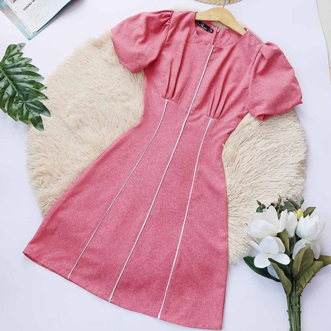 Đầm công sở đỏ hồng đẹp thiết kế thanh lịch dáng chữ a tay ngắn thời trang eo tôn dáng cho nàng nấm lùn