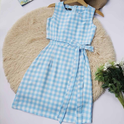 Đầm nữ caro xanh thiết kế thời trang trẻ trung dáng chữ a sát nách hợp đi chơi đi làm