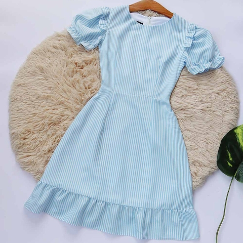 Đầm công sở xòe bánh bèo thiết kế xanh sọc thanh lịch thời trang trẻ trung hợp đi làm đi chơi
