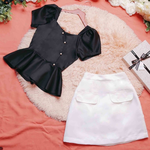 Set chân váy áo croptop trắng đen thiết kế xinh sang trọng thời trang trẻ trung áo cổ vuông chân váy có lót trong