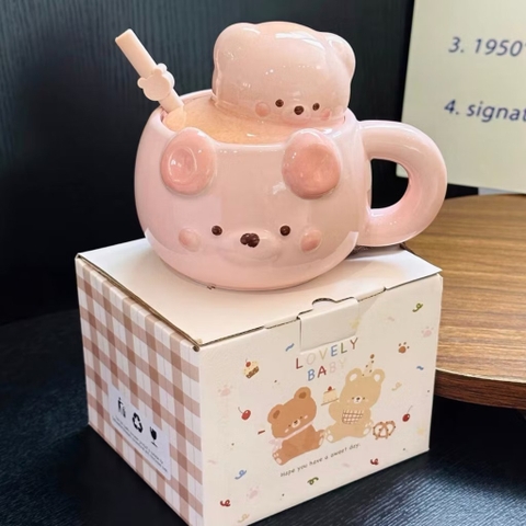 Ly cốc sứ gấu nắp gấu