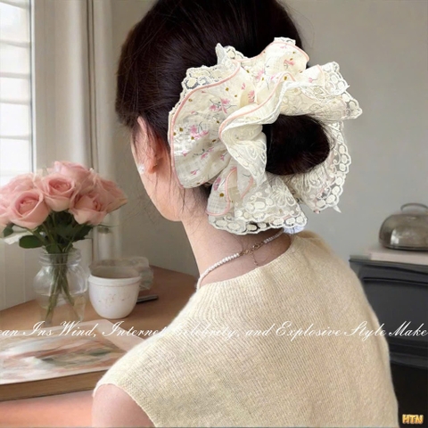 Scrunchies hoa nhí hồng ren 4 lớp