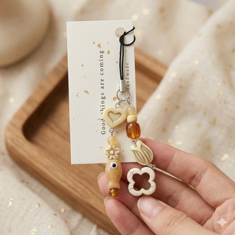 Dây treo điện thoại hoa nâu đôi