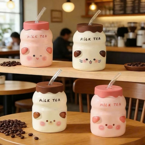 Ly cốc sứ trà sữa nắp silicone