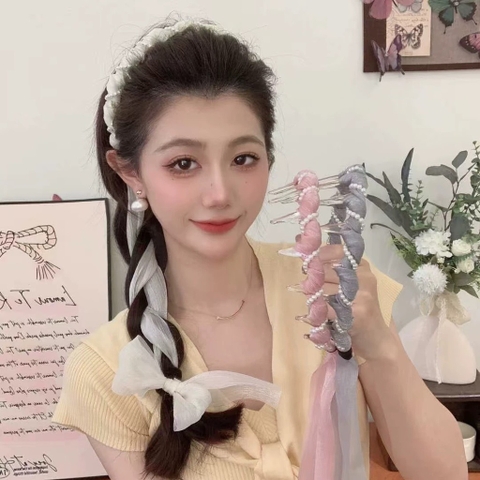 Cài tóc voan đính trai dây thắt bím