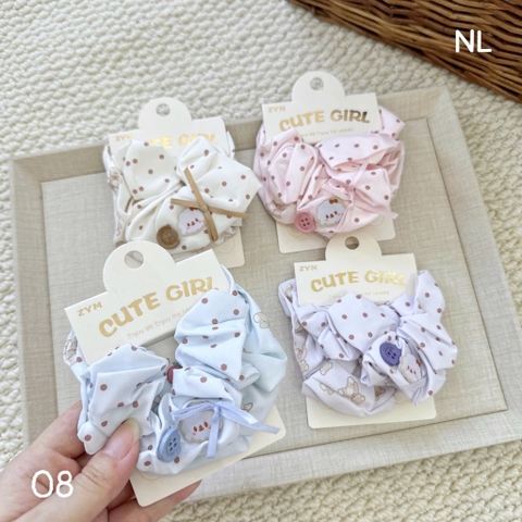 Set 2 scrunchies chấm bi gấu nơ nút