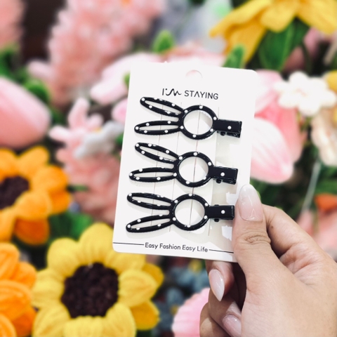 Set kẹp mái tai thỏ đen chấm bi