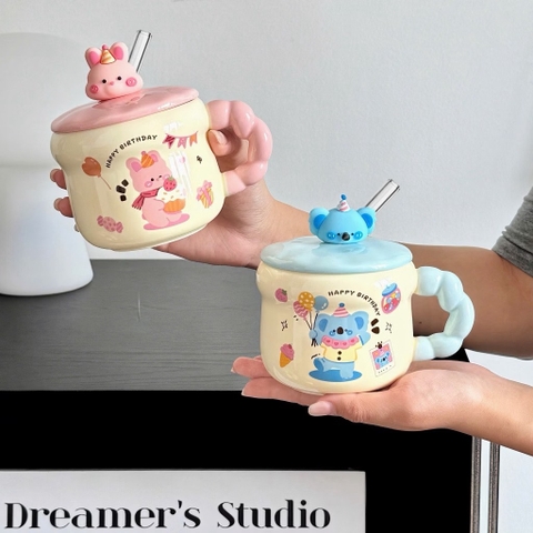 Ly cốc sứ Happy Birthday muỗng thú