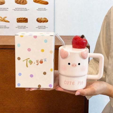 Ly cốc sứ heo nắp trái táo