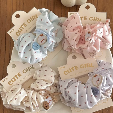 Set 2 scrunchies chấm bi gấu nơ nút