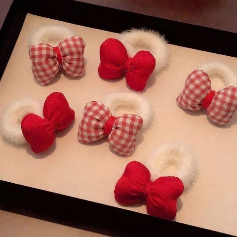 Set 2 cột tóc nhí lông nơ đỏ NH