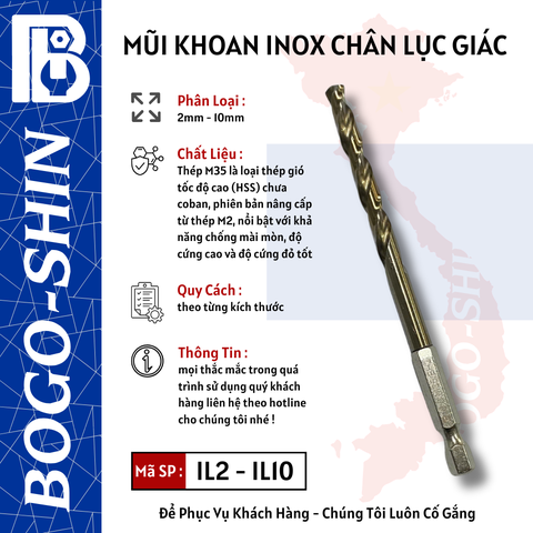 Mũi Khoan Inox Đặc Chủng Chân Lục Giác 2mm - 10mm Bogo-Shin