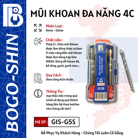 Mũi Khoan Gạch Đá Đa Năng BOGO-SHIN 4 Cạnh 6mm. 7mm, 8mm, 10mm, 12mm