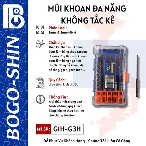 Mũi Khoan Đa Năng Không Tắc Kê 3mm, 3.2mm, 4mm Bogo-Shin