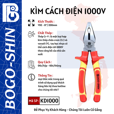 Kìm Điện Cách Điện VDE 8"/200mm Bogo-Shin