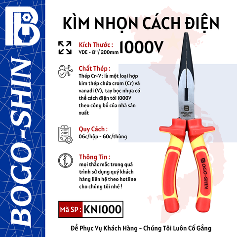 Kìm Nhọn Cách Điện VDE 8"/200mm Bogo-Shin
