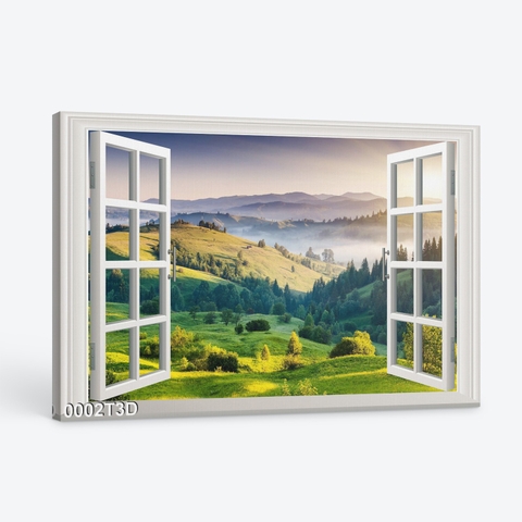 Tranh khung cửa sổ nhìn ra đồi núi 0002T3D