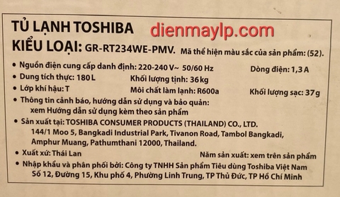 Tủ lạnh Toshiba Inverter 180 lít GR-RT234WE-PMV(52)