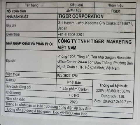 Nồi cơm điện Tiger 1.8 lít JNP- 1803