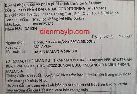 Máy lọc không khí Daikin MC80ZVM7 62m2