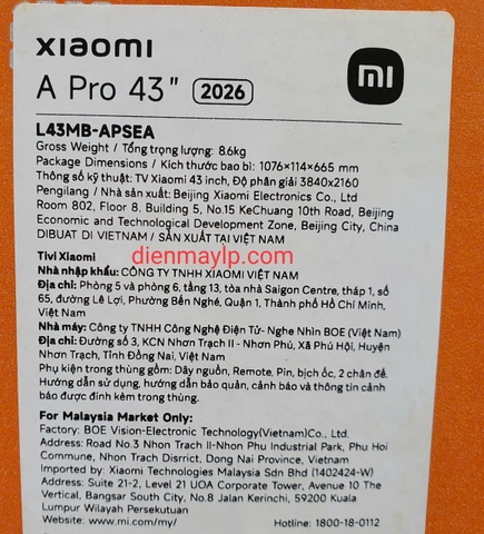 Google Tivi Xiaomi A Pro QLED 4K 43 inch L43MB-APSEA 2026