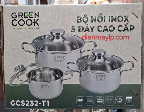 Bộ 3 nồi inox 5 đáy nắp kính Green Cook GCS232-T1