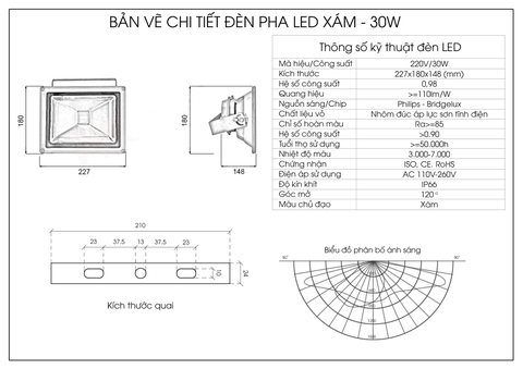 Đèn pha rọi xám ngoài trời 30W - hộp nguồn sau (1*30w)