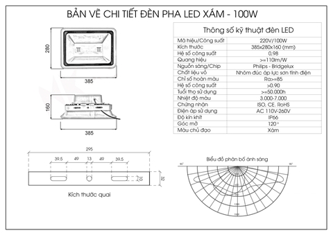 Đèn pha rọi xám ngoài trời 100W - hộp nguồn sau (2*50w)