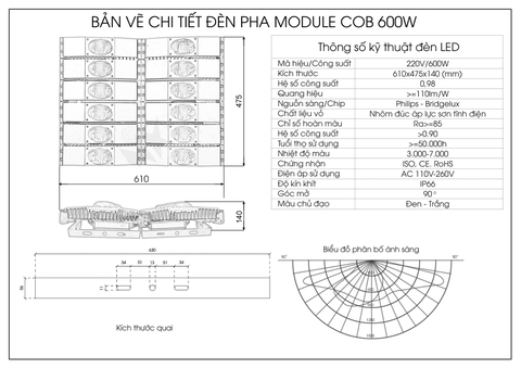 Đèn pha module COB Oem Philips - 600W (12*50w)