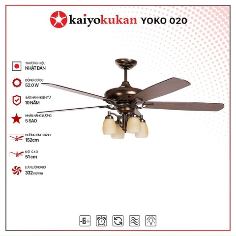 Quạt trần Nhật 5 cánh Kaiyokukan Yoko 020 động cơ DC 52W sải cánh 152cm (Bảo hành sửa chữa tại nhà 24 tháng)