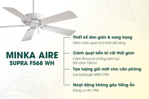 Quạt trần 5 cánh Minka Supra động cơ AC 79W sải cánh 132cm (Bảo hành phụ kiện (bộ tay khiển, cánh, bản led) 12 tháng, bảo hành động cơ 5 năm)
