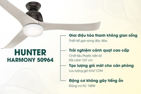 Quạt trần 3 cánh Hunter Harmony động cơ AC 86W sải cánh 137cm  (Bảo hành phụ kiện (bộ tay khiển, cánh, bản led) 12 tháng, bảo hành động cơ 5 năm)