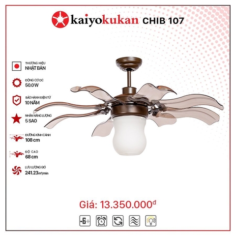 Quạt trần Nhật 8 cánh Kaiyokukan Chib 107 động cơ DC 50W, sải cánh 108cm (Bảo hành sửa chữa tại nhà 24 tháng)