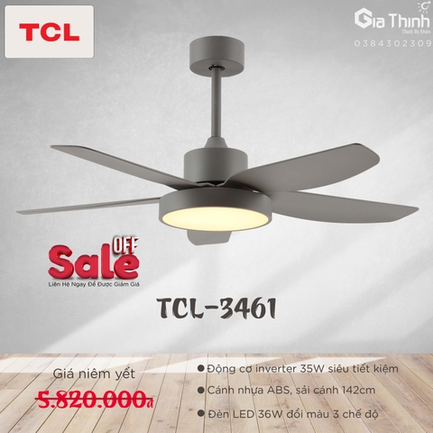 Quạt trần TCL 5 cánh màu ghi xám -đèn led 3 chế độ sáng GT3461 (BH36T)