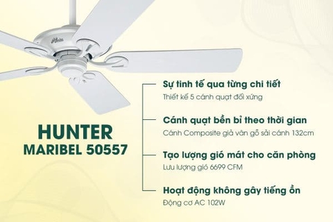 Quạt trần 5 cánh Hunter Maribel động cơ AC 102W sải cánh 132cm (BH24T)