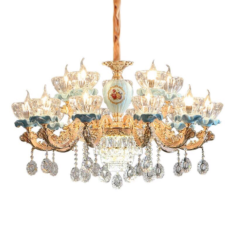 Đèn chùm pha lê đĩa xanh 15 tay