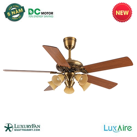 Quạt trần 5 cánh Lux Aire-Classic II bản đèn 5 chao, thân củ đồng vàng cánh vân gỗ (BHSC24T)