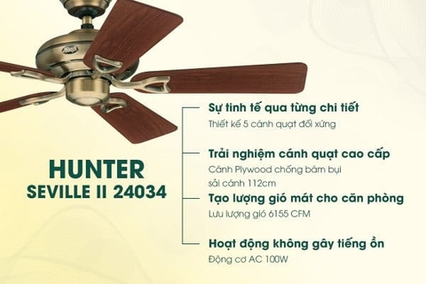Quạt trần 5 cánh Hunter Seville động cơ Airmax Motor 100W sải cánh 112cm (BHTN24T)