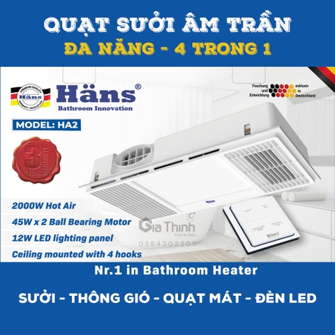 Quạt sưởi nhà tắm âm trần Hans HA2 đa năng 4 trong 1 thông gió, sưởi ấm, làm mát, chiếu sáng kích thước 30x60cm